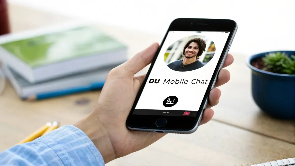 A hand holds a smartphone displaying a 'DU Mobile Chat' screen with a man's profile picture.