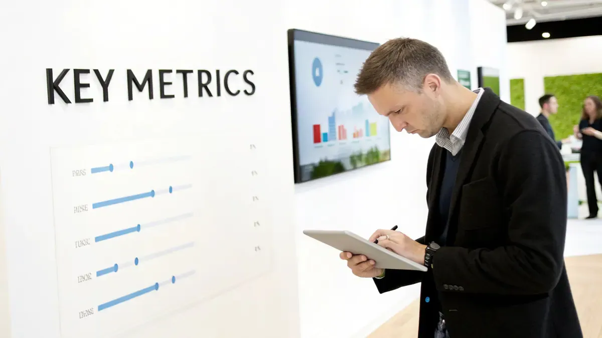 A man in a dark jacket reviews data on a tablet next to a 'KEY METRICS' display.