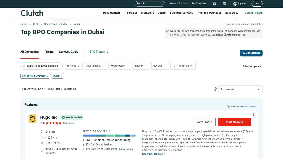 A screenshot of the Clutch website showing a listing for BPO companies in Dubai.