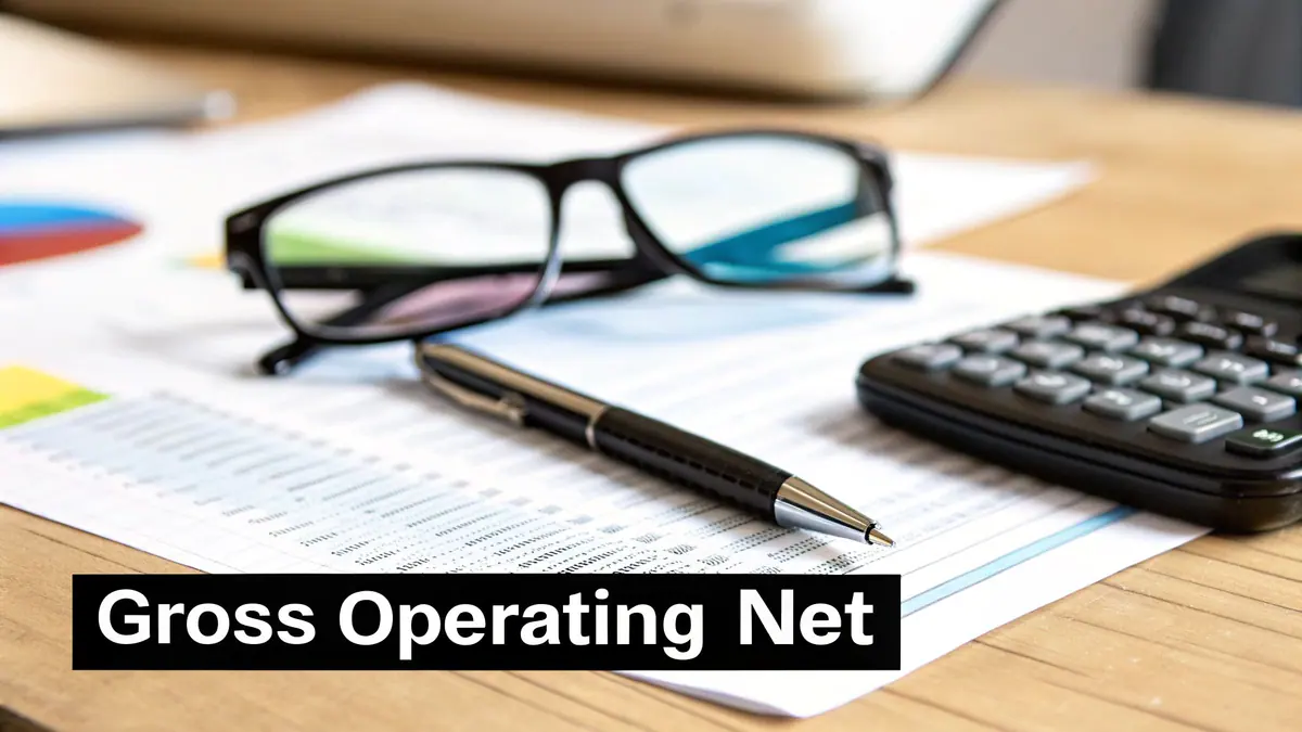 Financial documents, calculator, pen, and glasses on a wooden desk with 'Gross Operating Net' text.