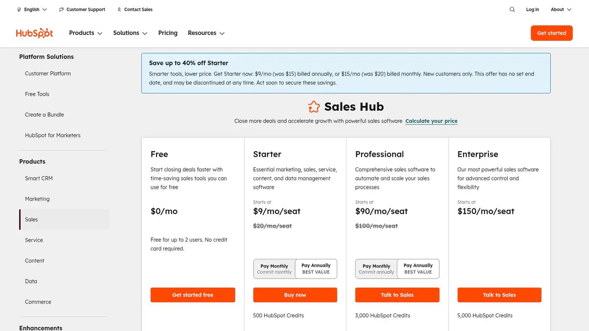 A screenshot of the HubSpot Sales Hub pricing page showing tiers like Free Tools, Starter, Professional, and Enterprise.