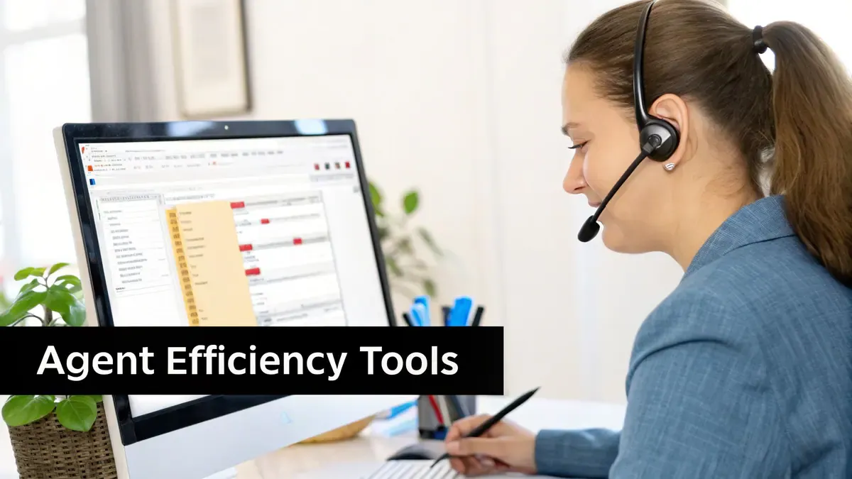 A customer service agent wearing a headset works at a computer, utilizing agent efficiency tools.