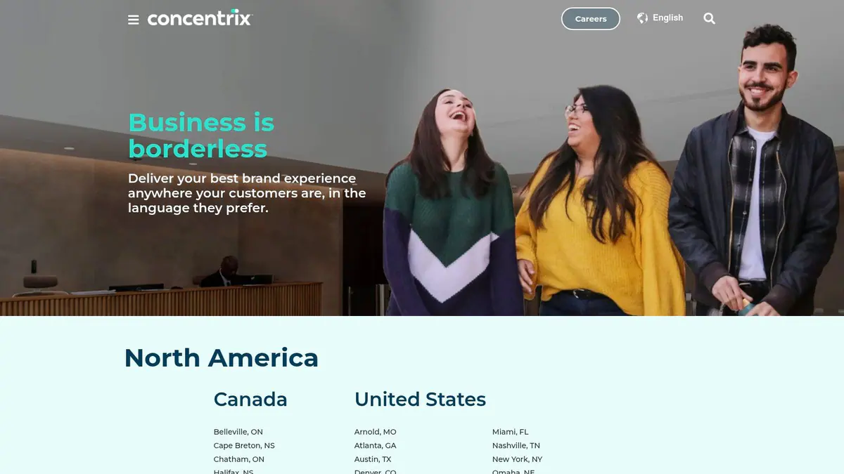 A screenshot of the Concentrix locations page, showing its global presence relevant to BPO companies in Dubai.