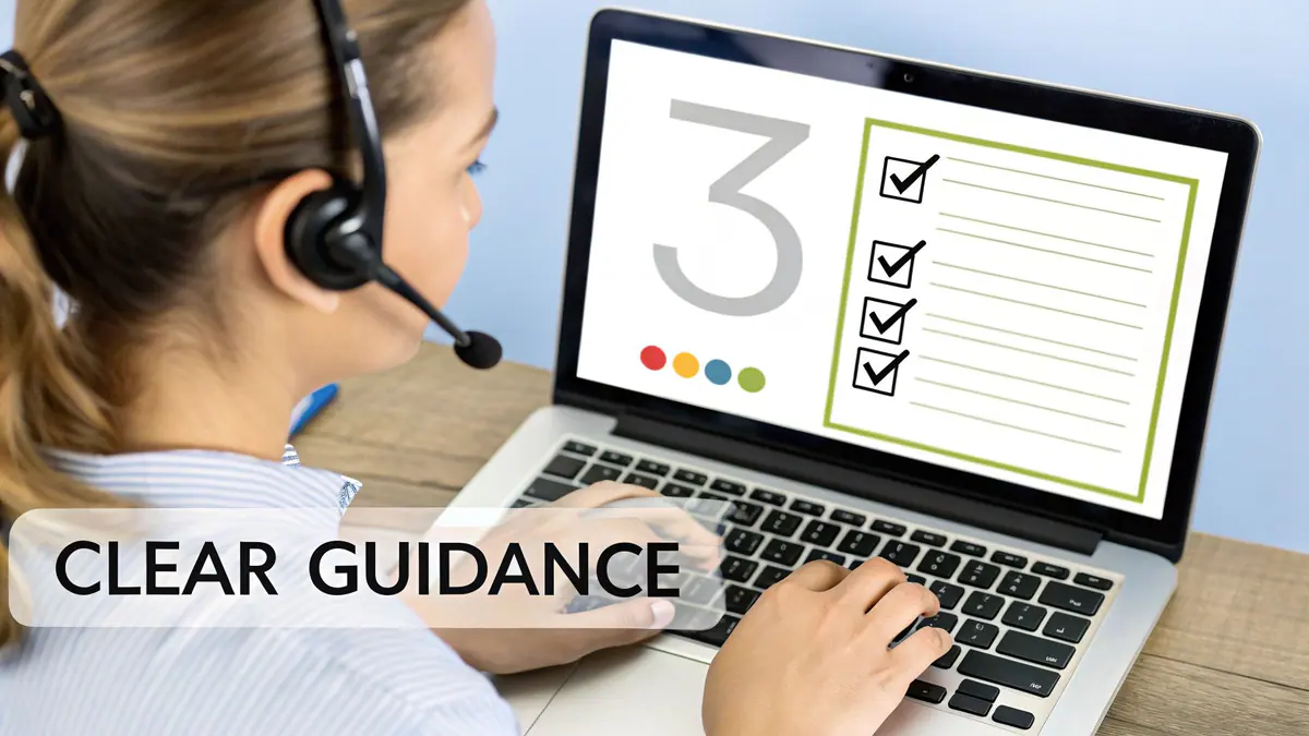 A person wearing a headset types on a laptop, displaying a checklist and the text 'CLEAR GUIDANCE'.