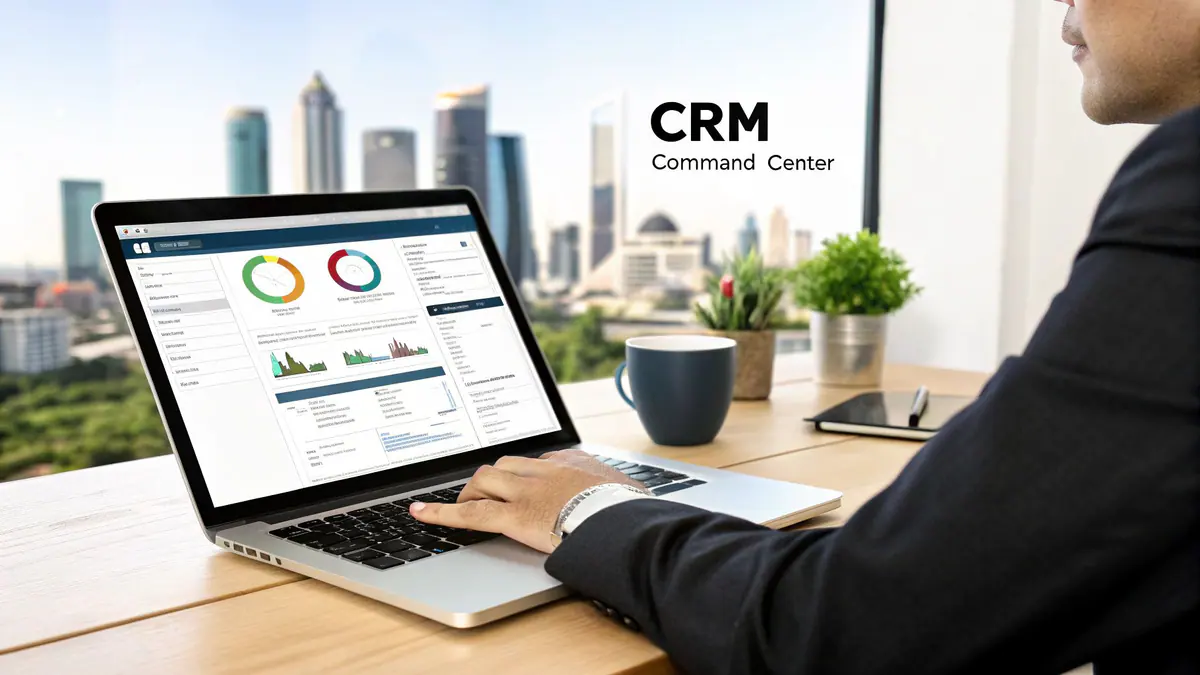 Professional uses a laptop showing a CRM Command Center dashboard with city views.