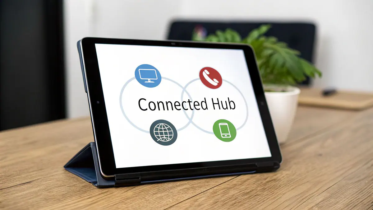 A tablet on a wooden desk displays 'Connected Hub' with icons for computer, call, globe, and mobile.