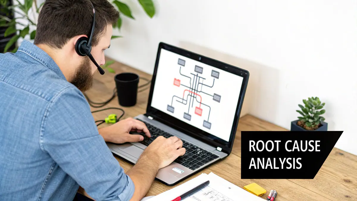 A man wearing a headset types on a laptop displaying a root cause analysis diagram.