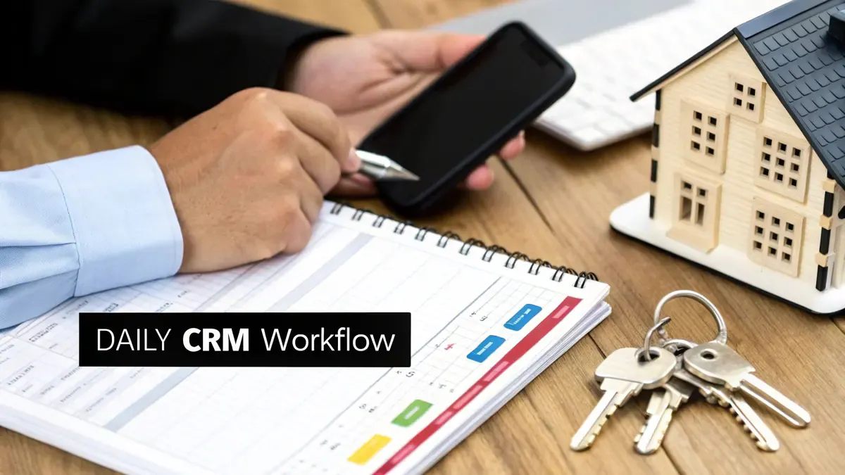 A person uses a smartphone and pen, next to a notebook, model house, and keys, for daily CRM workflow.