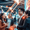 Futuristic digital marketplace with glowing arrows, interconnected nodes, and confident business profession...