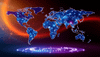 Realistic glowing world map with interconnected lights across continents, abstract clock hands