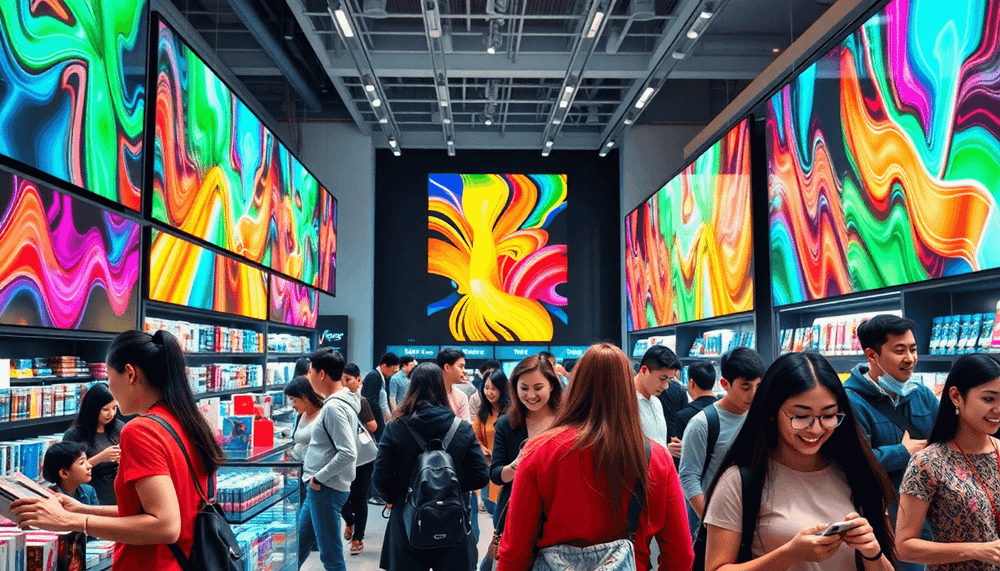 Modern retail store interior with bright digital screens showing colorful patterns, happy customers browsin...