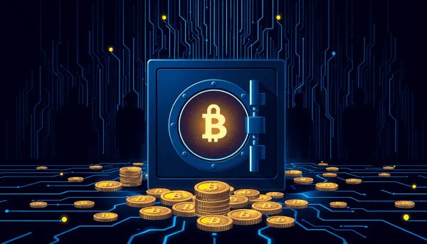 Minimalist image of a secure digital vault with glowing cryptocurrency coins, abstract data streams