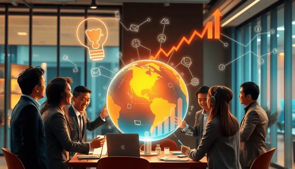 Business professionals collaborating around a glowing digital globe with e-commerce icons and growth charts...