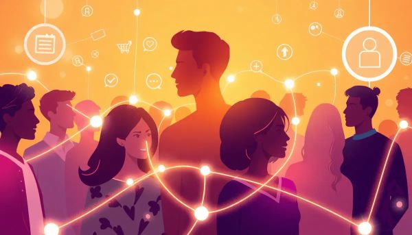 Illustration of diverse people connected by glowing lines with abstract icons of communication, loyalty
