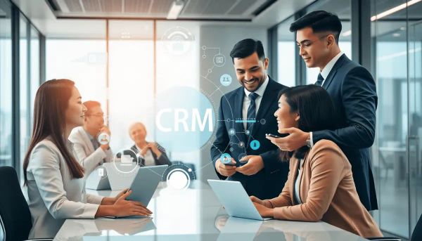 Business professionals collaborating around digital holographic interfaces displaying data flows