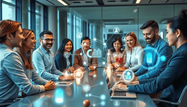 Professionals collaborating around a table with holographic icons showing CRM, data flow, and communication