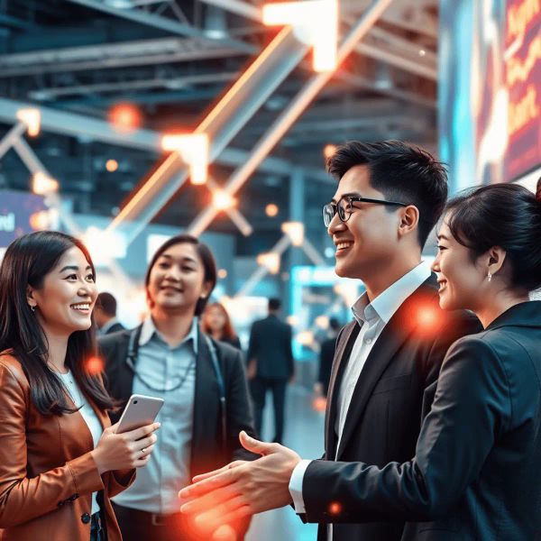 Futuristic digital marketplace with glowing arrows, interconnected nodes, and confident business profession...