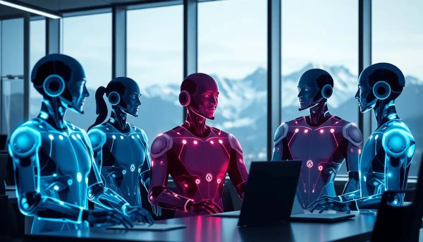 Futuristic support center with glowing abstract humanoid AI agents connected by digital lines