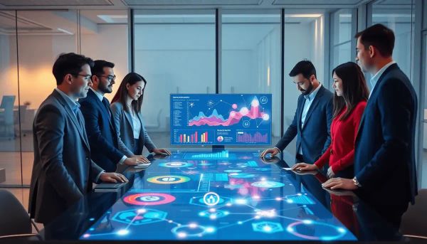 Team collaborating around a digital touchscreen table with colorful charts and glowing nodes
