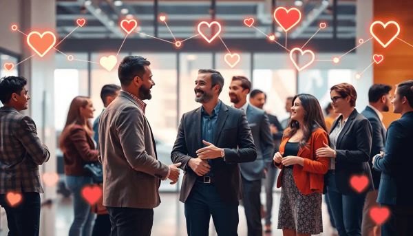 People chatting and collaborating warmly, surrounded by glowing network lines, heart icons