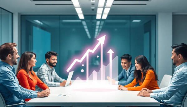 Team collaborating in a modern office with floating digital graphs and arrows symbolizing growth