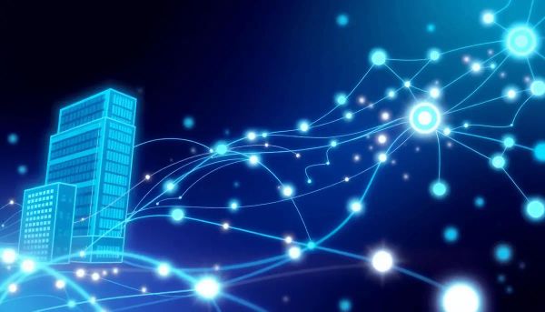 Abstract illustration of glowing data streams connecting stylized buildings and nodes