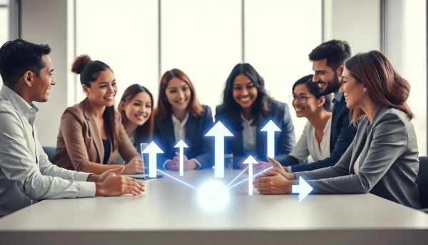 Professionals collaborating around a table with glowing network lines, upward arrows, and puzzle pieces