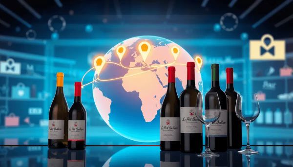 Globe with glowing location markers connected by arrows, elegant wine bottles and glasses in front, set in ...