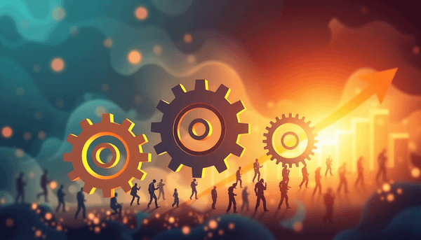 Abstract interconnected gears and puzzle pieces expanding and contracting with rising and falling arrows