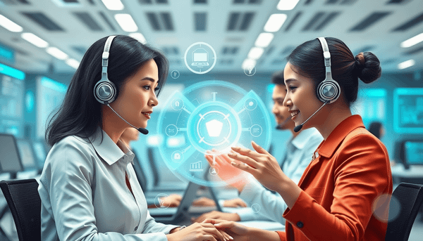 Futuristic customer support center with professionals collaborating using AI holographic interfaces