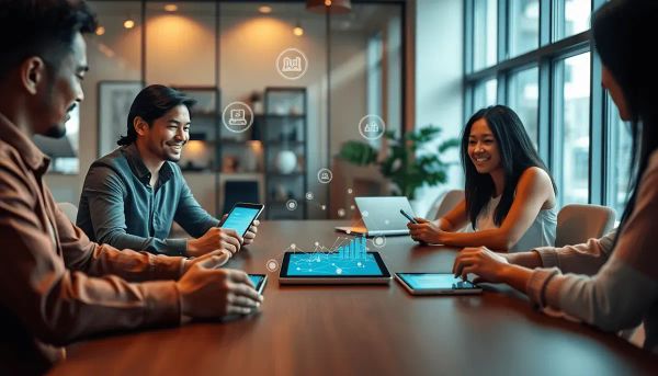 Professionals collaborating around a table with digital devices showing graphs and connection icons