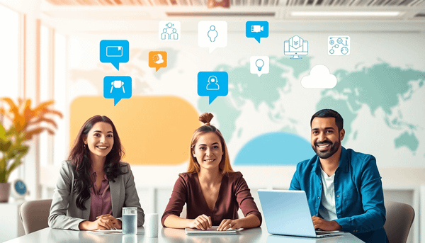 Team in a modern office engaged in a virtual meeting with digital communication icons