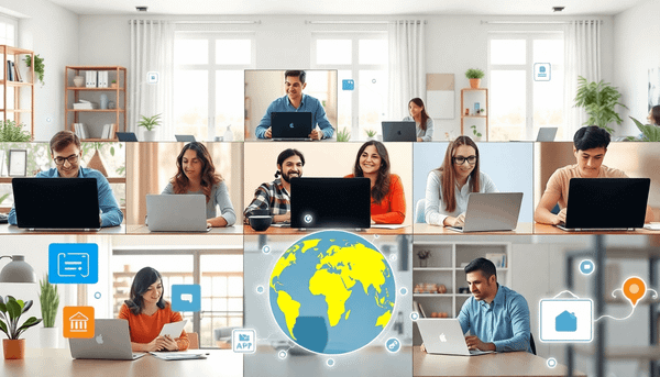 Remote workers collaborating via video calls in bright home and coworking spaces with icons