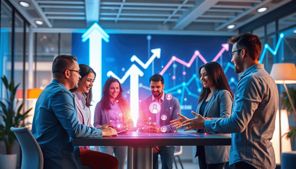 Professionals collaborating around a glowing digital interface with data points, network connections