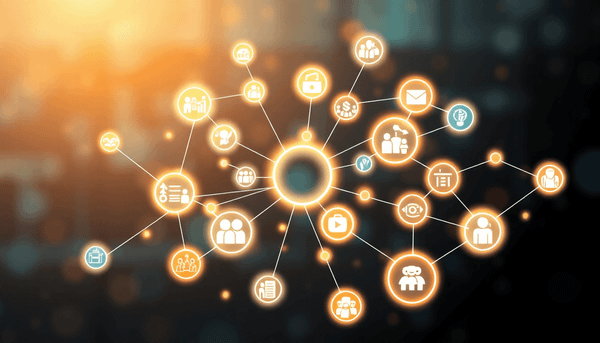 A vibrant network of business icons connected by glowing lines against an abstract background