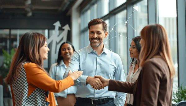 A confident business professional in a modern office, engaging with colleagues through discussion