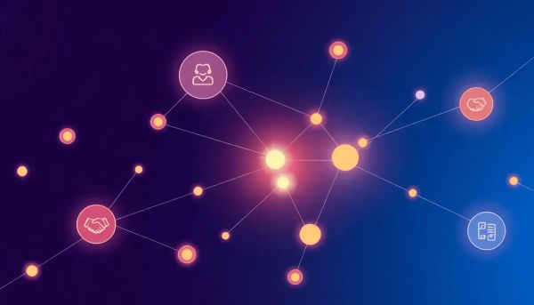 Digital illustration of interconnected abstract shapes and glowing nodes with handshake icons and data flow
