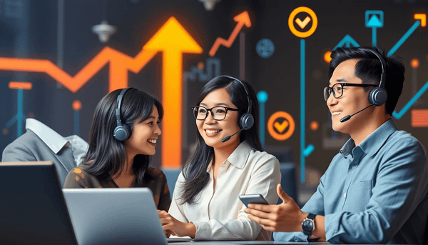 Customer service agents at work with digital eCommerce and data analytics graphics, including arrows 