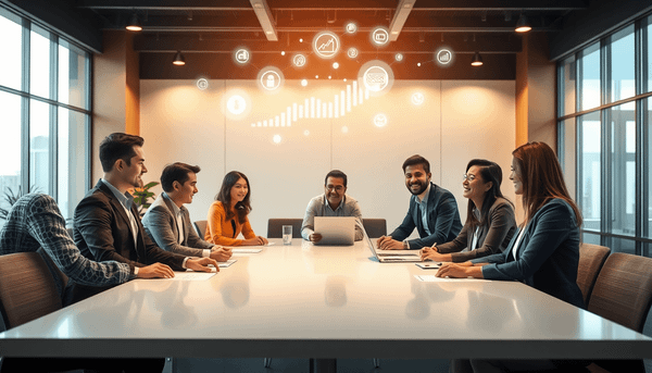 A modern office with professionals collaborating around a table, digital icons of data flow