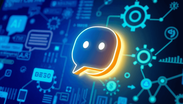 A glowing modern chatbot icon on a digital interface with conversation bubbles