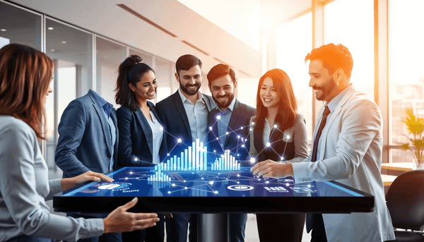 Business professionals collaborating around a digital touchscreen table displaying glowing graphs