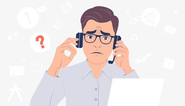 Frustrated customer on phone call with abstract communication symbols and corporate icons