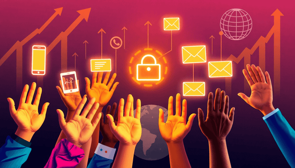 Hands reaching toward glowing icons of phone, chat, and email amid arrows and network lines