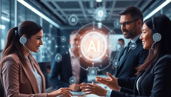A futuristic office with professionals interacting with glowing AI symbols and holographic interfaces, show...