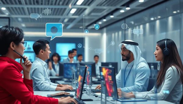 Futuristic call center with professionals using AI holograms and digital interfaces, glowing icons