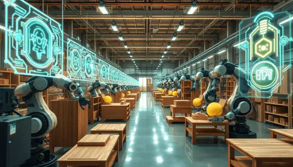 Robotic arms assembling wooden furniture on a modern factory floor with glowing digital holographic interfa...