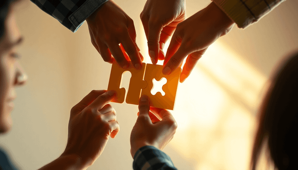Hands gently connecting puzzle pieces, symbolizing collaboration, against a soft