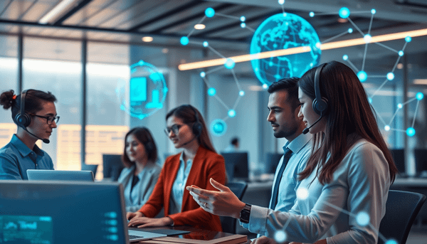 A futuristic office with professionals collaborating alongside AI holograms and glowing digital data stream...