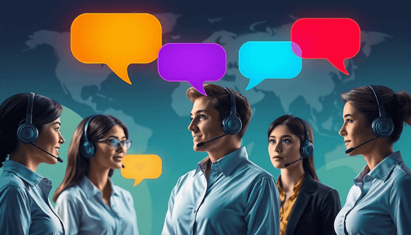 Professional customer service agents with headsets and colorful speech bubbles