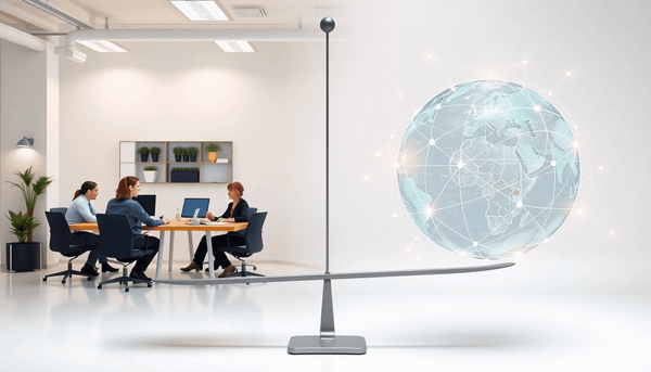 Balanced scale showing a small office workspace with professionals on one side and an abstract globe